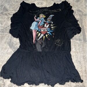 Ed Hardy Shirt Women's Size Medium Elastic Waist Black Ruffle Winged Sleeves‎